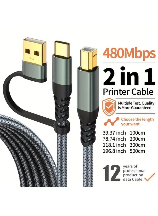2 in 1 High Speed USB C and USB A to USB B Printer Cable 10ft Grey Compatible HP Epson Brother - Image 2